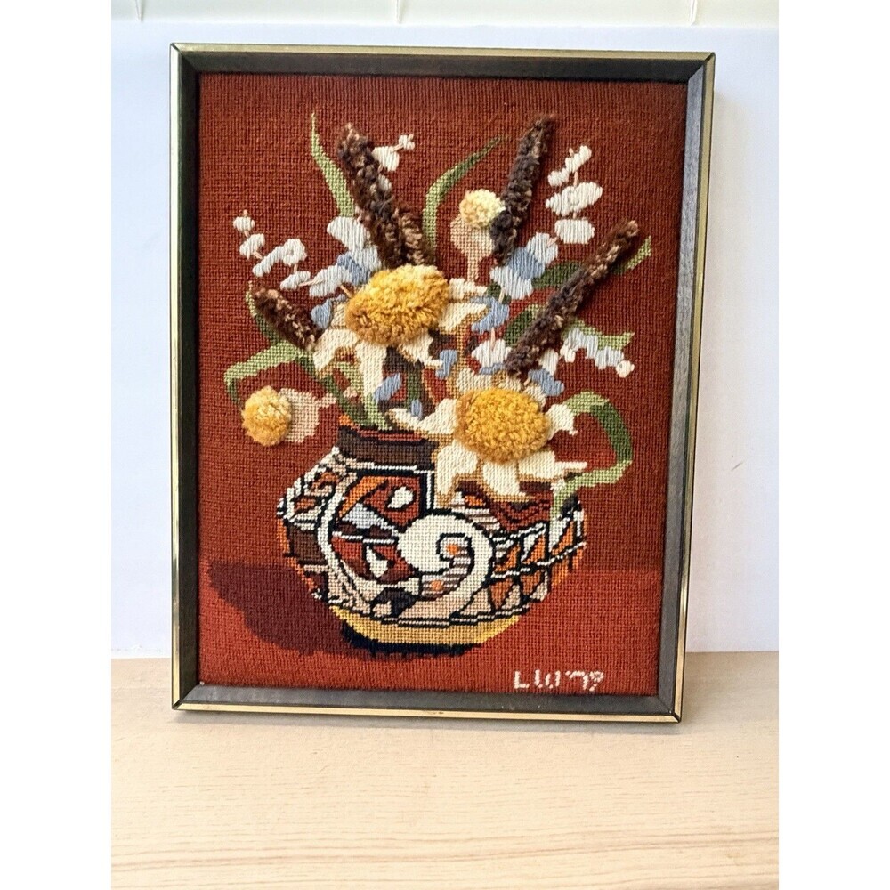 VTG Completed Needlepoint Crewel Large Stitchery Indian Heritage Bouquet 70s Art